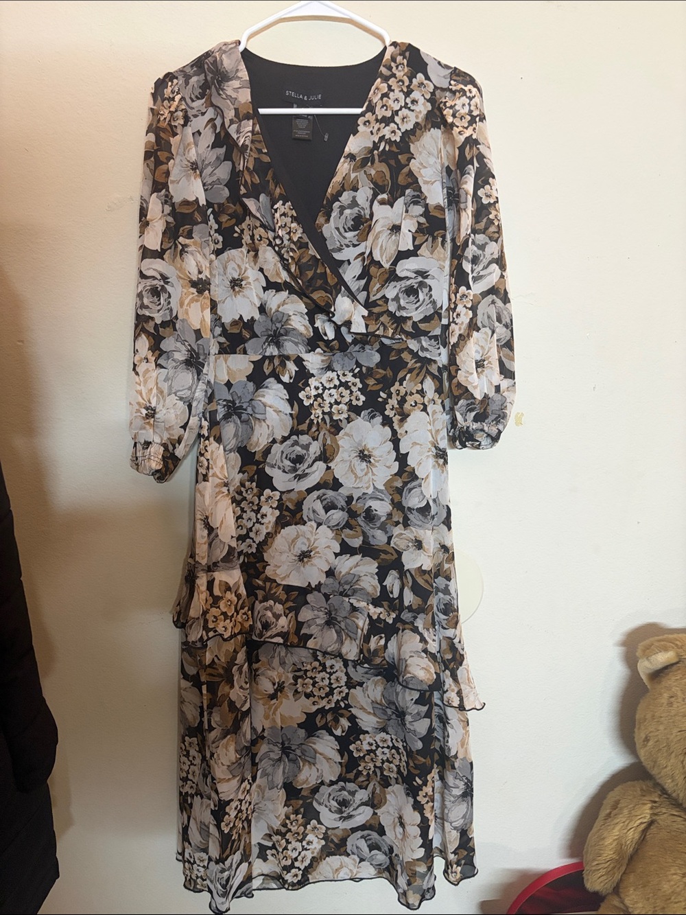 Black Floral Wrap Midi Dress
